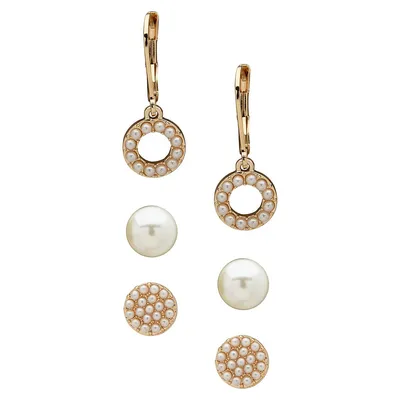 Temple Goldplated & Faux Pearl 3-Way Convertible Earrings