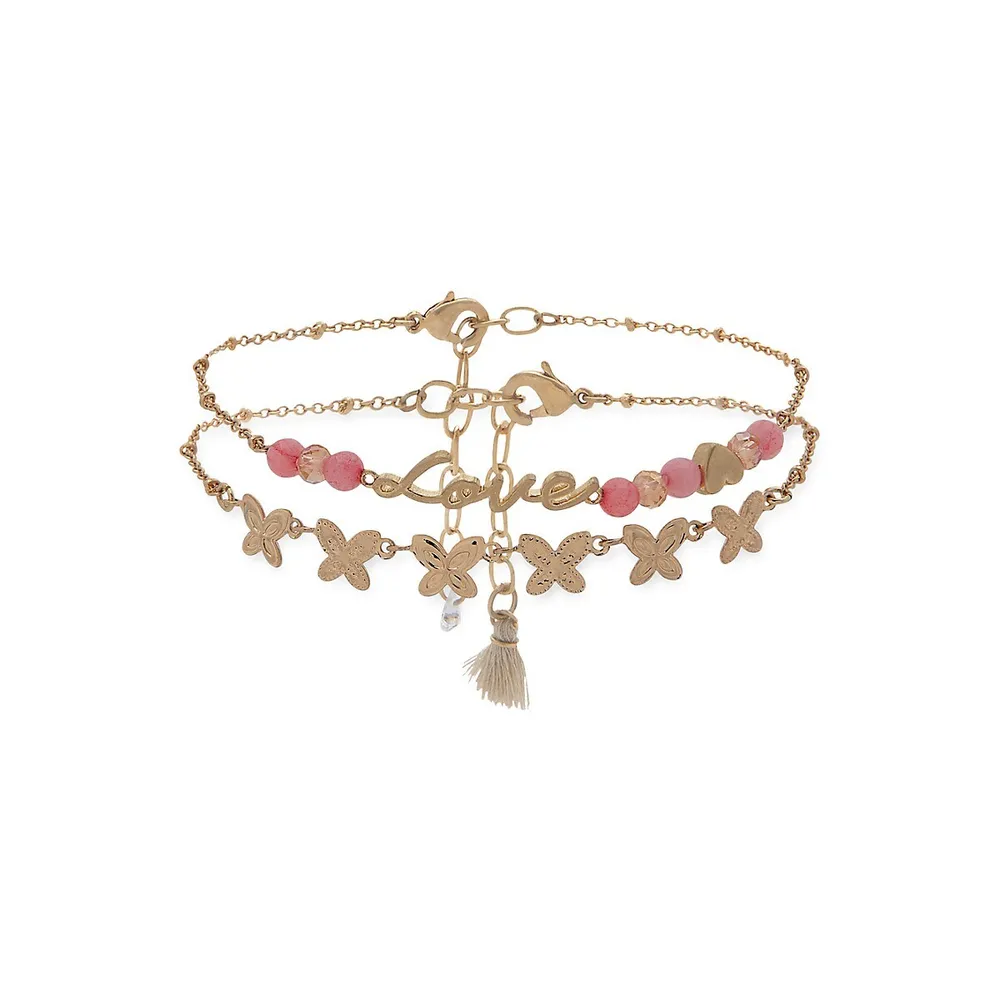 Ensemble de 2 bracelets de cheville à perles et papillons plaqués or usés