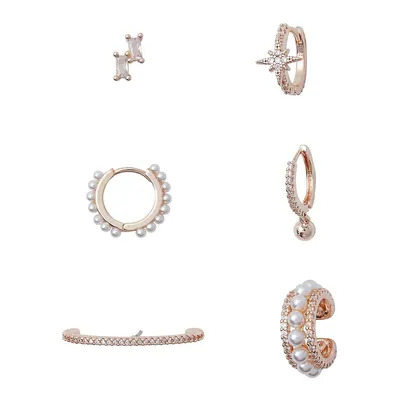6-Piece Goldplated, Cubic Zirconia & Faux Pearl Single Earrings Set