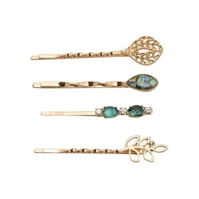 Goldplated & Glass Stone 4-Piece Bobby Pins Set