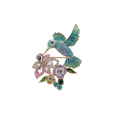 Goldtone & Crystal Hummingbird Box Pin