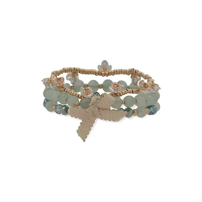 Bracelet élastique plaqué or multirangs à perles mélangées