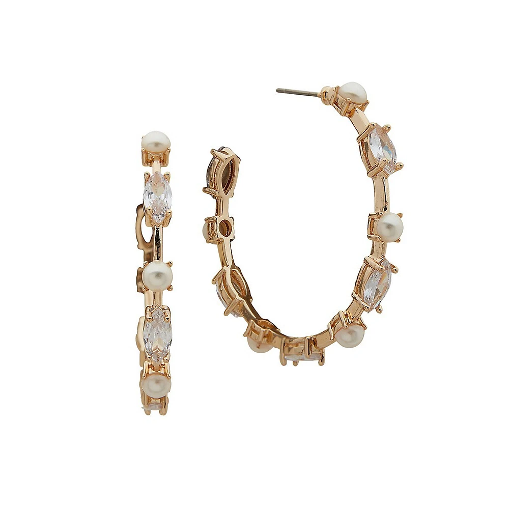 Mirage Midnight Goldtone, Faux Pearl Hoop Earrings