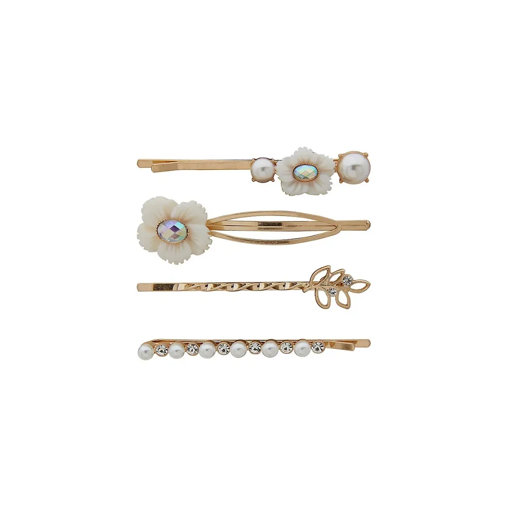 4-Piece Goldtone, Mother-Of-Pearl, Faux Crystal, Faux Pearl Hair Barrette Set