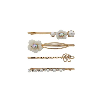4-Piece Goldtone, Mother-Of-Pearl, Faux Crystal, Faux Pearl Hair Barrette Set