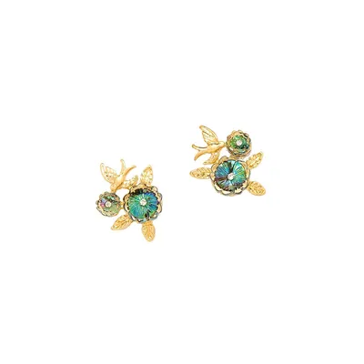 Goldtone, Faux Abalone & Faux Crystal Floral Cluster Earrings