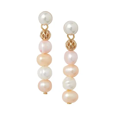 Goldtone, Faux Pearl & 6MM-7MM Freshwater Baroque Pearl Linear Earrings