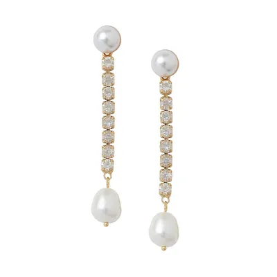 Goldtone, 8MM Freshwater Pearl & Glass Crystal Linear Earrings