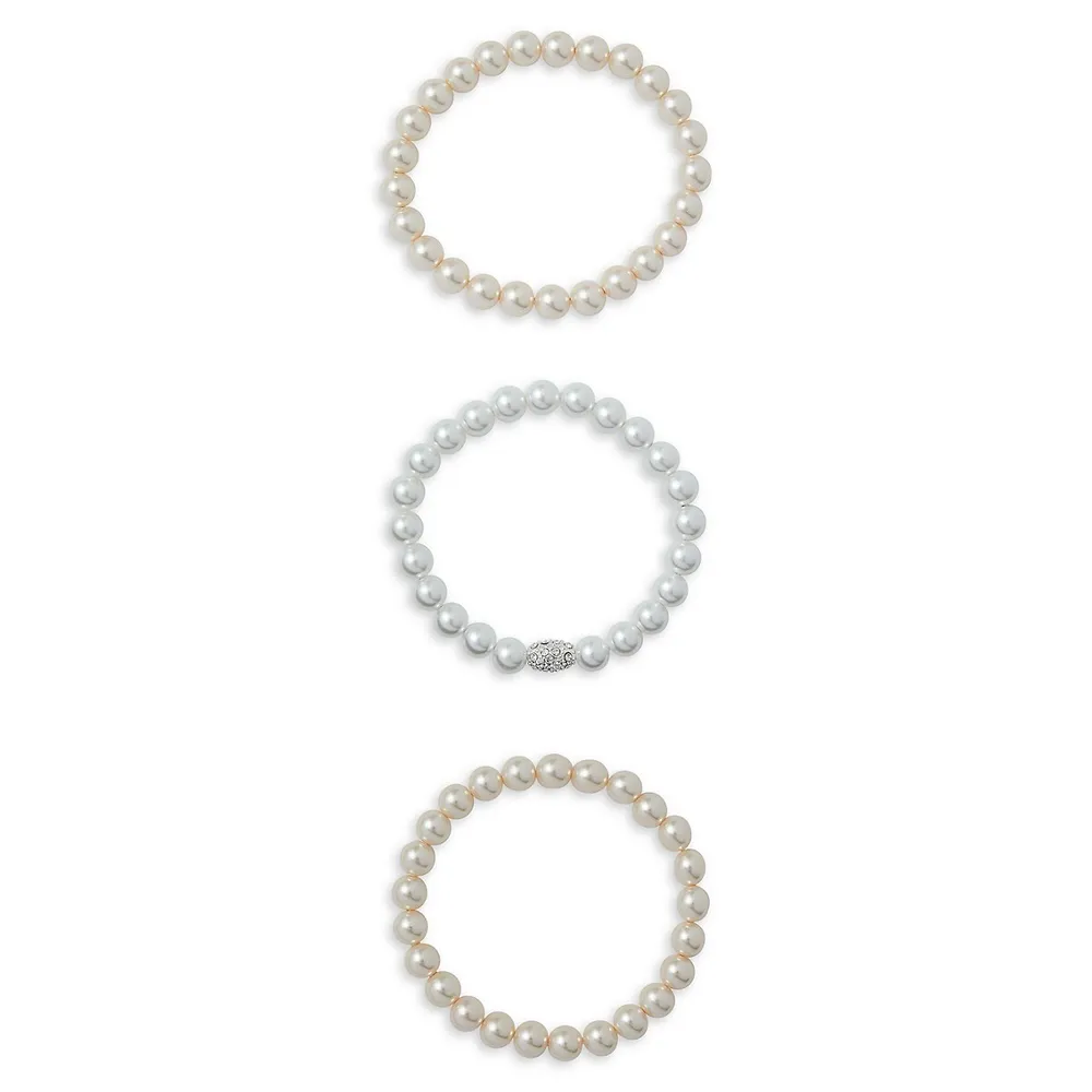 Silvertone & Faux Pearl 3-Piece Bracelet Set