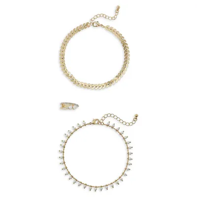3-Piece Goldtone Heart Charm, Faux Pearl Anklet & Toe Ring Set