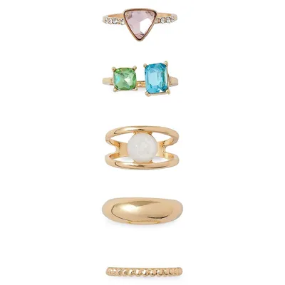 5-Piece Goldtone, Crystal & Faux Pearl Rings Set