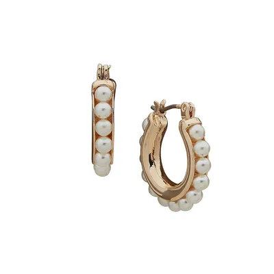 Goldtone & Faux Pearl Hoop Earrings