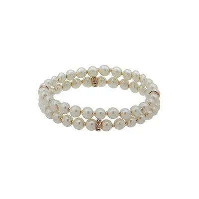 Goldtone, Faux Pearl and Glass Crystal Stretch Bracelet