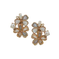 Goldtone & Faux Pearl Double Flower Clip Earrings