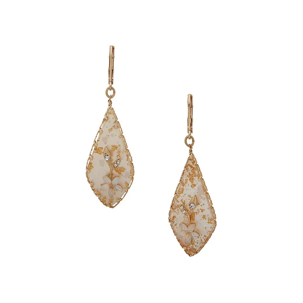 Orchid Blossom Goldtone and Glass Flat Stone Teardrop Earrings