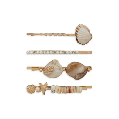 Ensemble de quatre pinces à cheveux dorées avec perles et coquillages