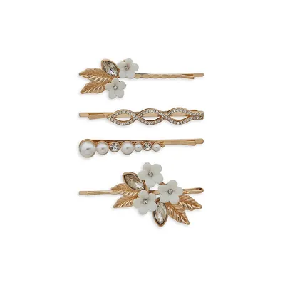 4-Piece Goldtone and Faux Pearl Floral Bobby Pin Set