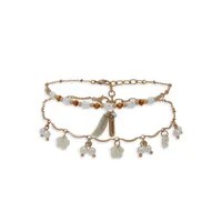 2-Piece Goldtone and Faux Pearl Charm Anklets Set