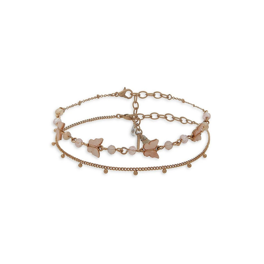 2-Piece Goldtone and Glass Butterfly Anklets Set