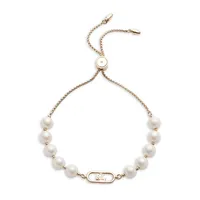 Goldtone and Glass Pearl Logo Slider Bracelet