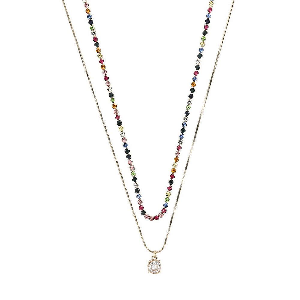 Goldtone Double-Row Rainbow-Stone Pendant Necklace