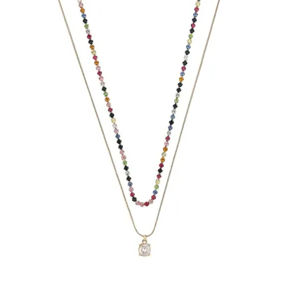 Goldtone Double-Row Rainbow-Stone Pendant Necklace