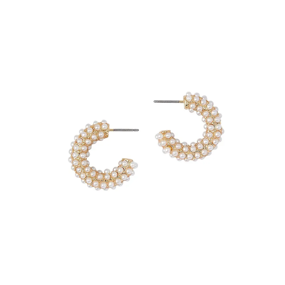 Goldtone Bead Pavé C Hoop Huggie Earrings