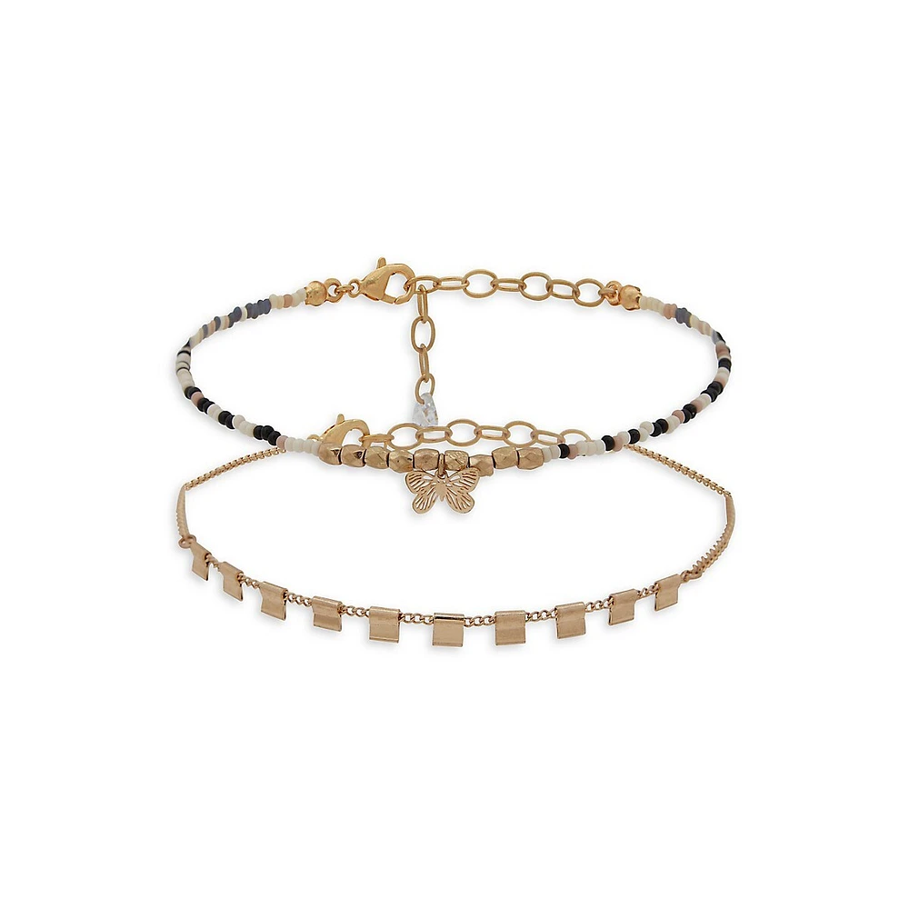 2-Piece Goldtone Beaded Butterfly Anklet Set