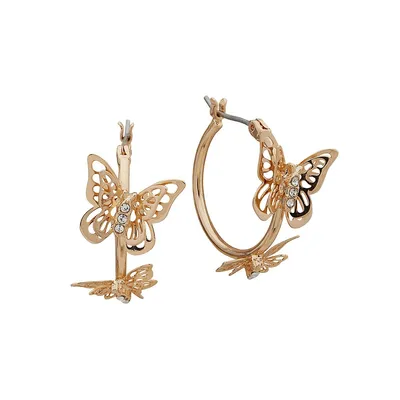 Goldplated and Glass Stone Butterfly Hoop Earrings