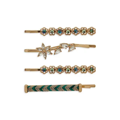 Goldtone and Glass Stone 4-Piece Floral Bobby Pin Set