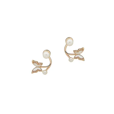 Goldtone, Faux Pearl and Cubic Zirconia Butterfly Drop Earrings