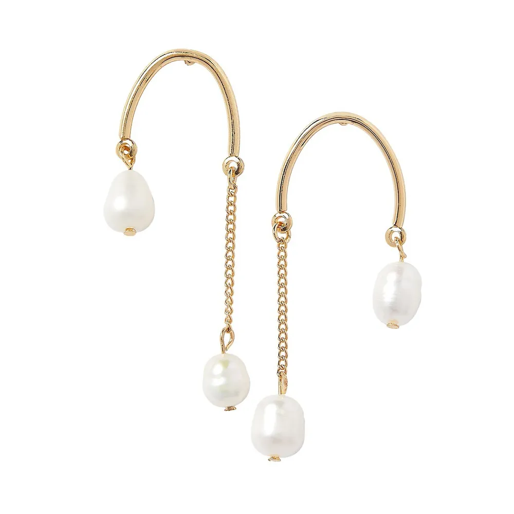 Goldtone and 8MM Freshwater Pearl Double Drop Earrings