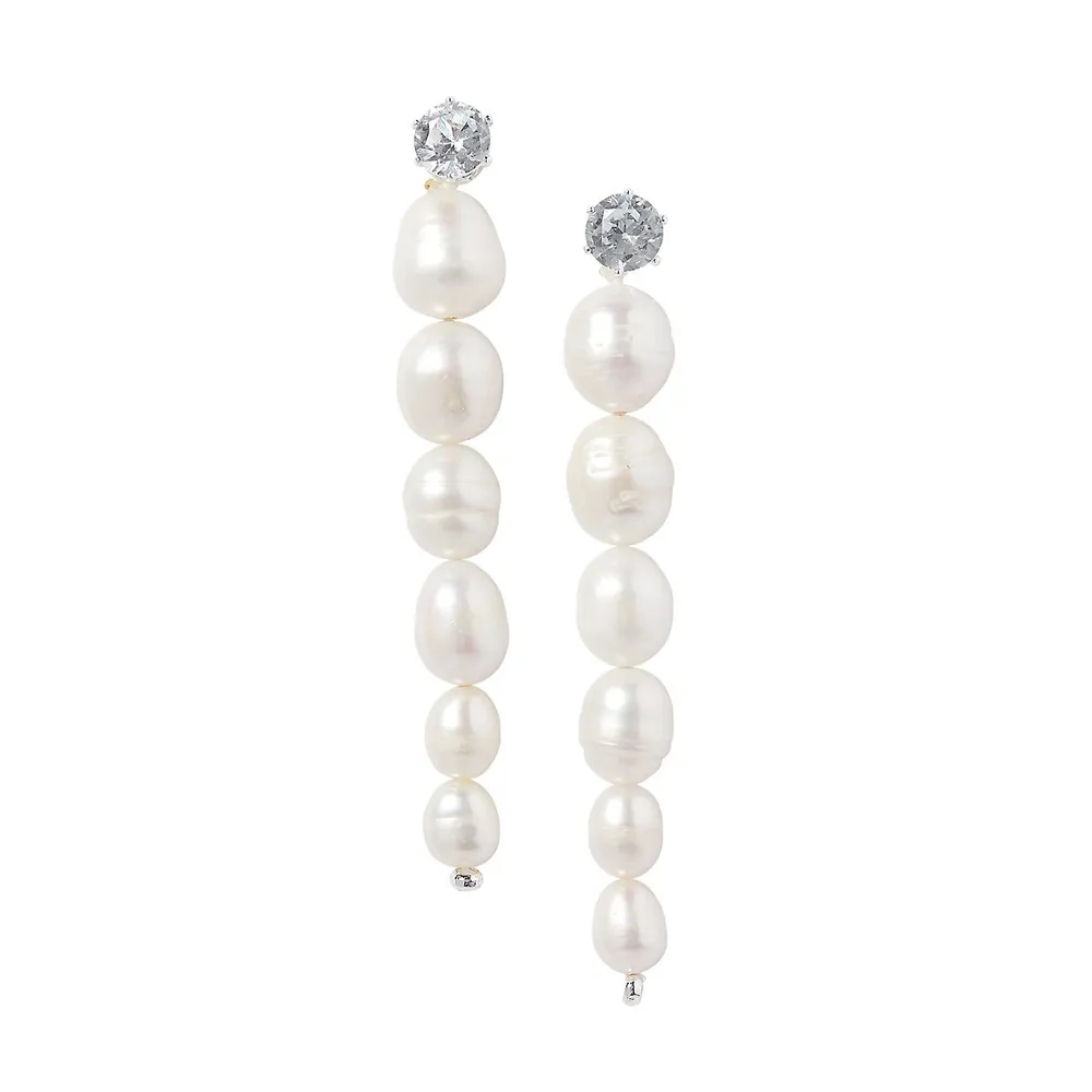 Silverplated, 8MM-11MM Baroque Freshwater Pearl and Cubic Zirconia Linear Earrings