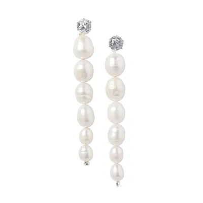 Silverplated, 8MM-11MM Baroque Freshwater Pearl and Cubic Zirconia Linear Earrings