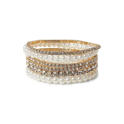 Goldtone, Faux Pearl and Glass Crystal Stacked Bracelet