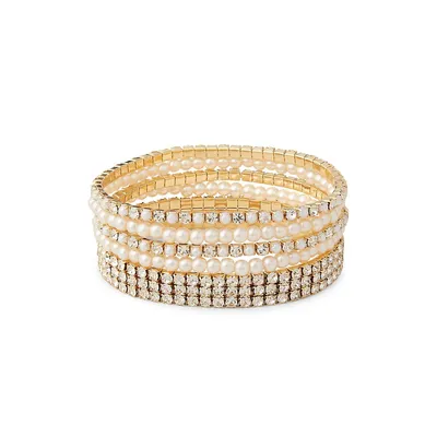 Goldplated, Faux Pearl and Glass Crystal Stacked Bracelet