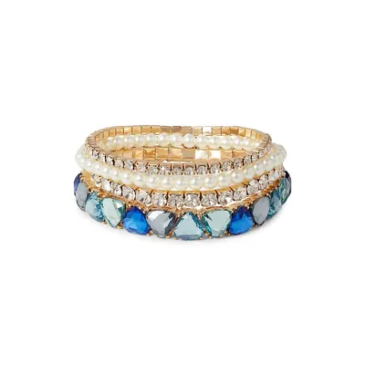 Goldplated, Faux Pearl and Glass Crystal Stacked Bracelet