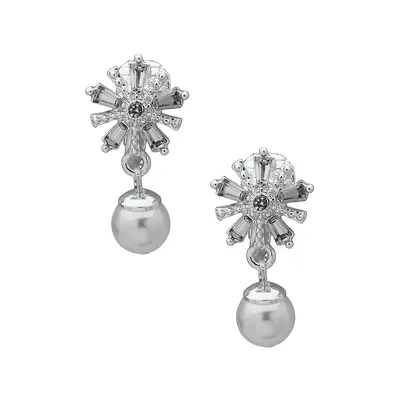 Silvertone, Cubic Zirconia and Faux Pearl Snowflake Clip-On Drop Earrings