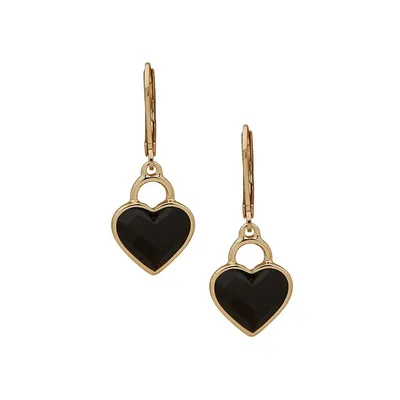 Goldtone and Glass Jet Heart Drop Earrings
