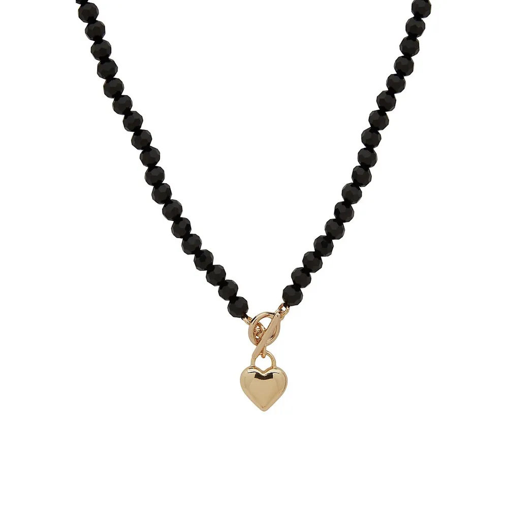 Goldtone and Glass Jet Heart Pendant Necklace