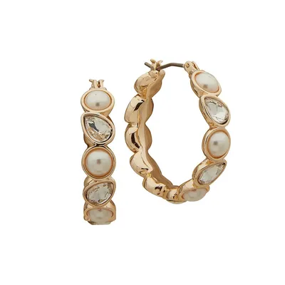 Goldtone, Faux Pearl and Crystal Hoop Earrings