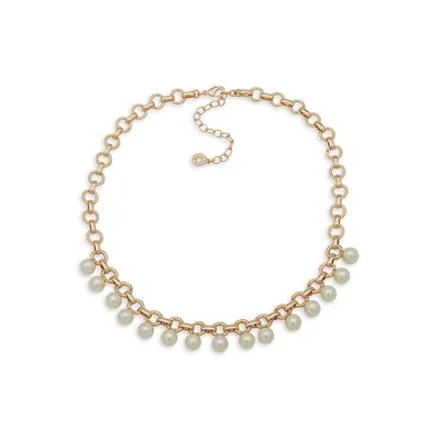 Goldtone and Faux Pearl Rolo-Chain Collar Necklace