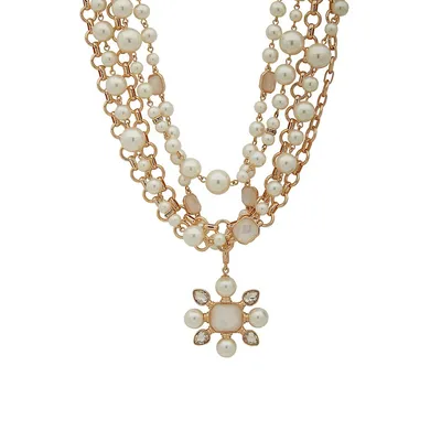 Goldtone, Faux Pearl and Crystal Multi-Row Pendant Necklace