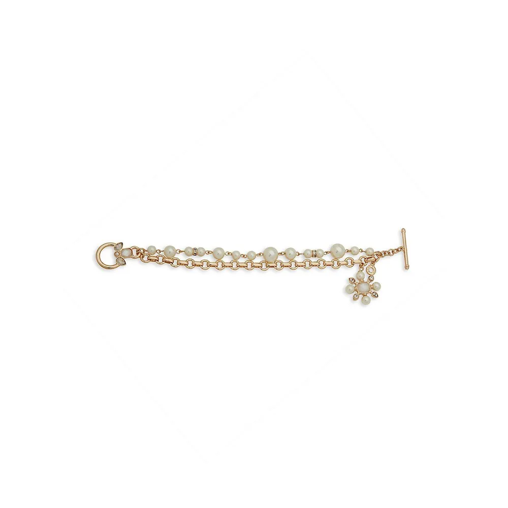 ​Goldtone, Crystal and Faux Pearl Toggle Bracelet