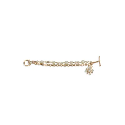 ​Goldtone, Crystal and Faux Pearl Toggle Bracelet