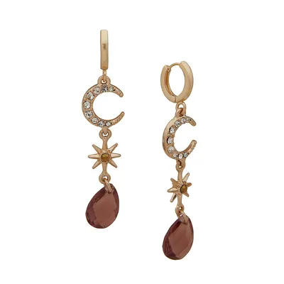 Goldtone and Crystal Star Moon Huggie-Drop Earrings