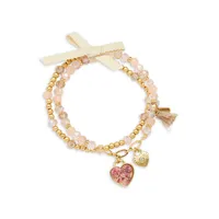 Goldplated Heart-Charm Multi-Row Beaded Stretch Bracelet