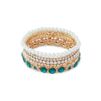 Silvertone, Faux Pearl & Emerald-Tone Crystal Stack Bracelet