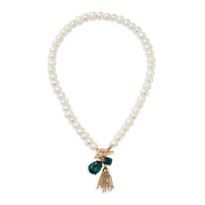 Goldplated Crystal & Faux Pearl Strand Toggle Necklace