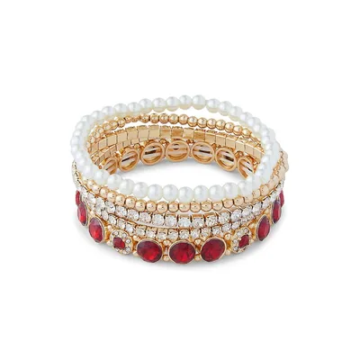 Goldtone, Faux Pearl & Red Crystal Stack Bracelet